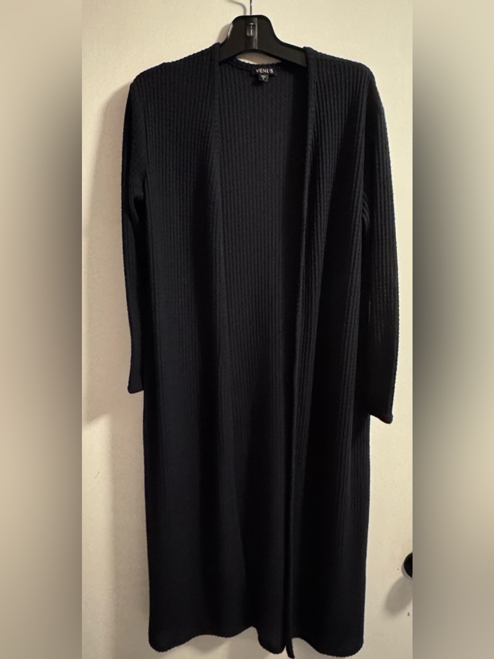 VENUS Black Ribbed Long Open-Front Knit Cardigan